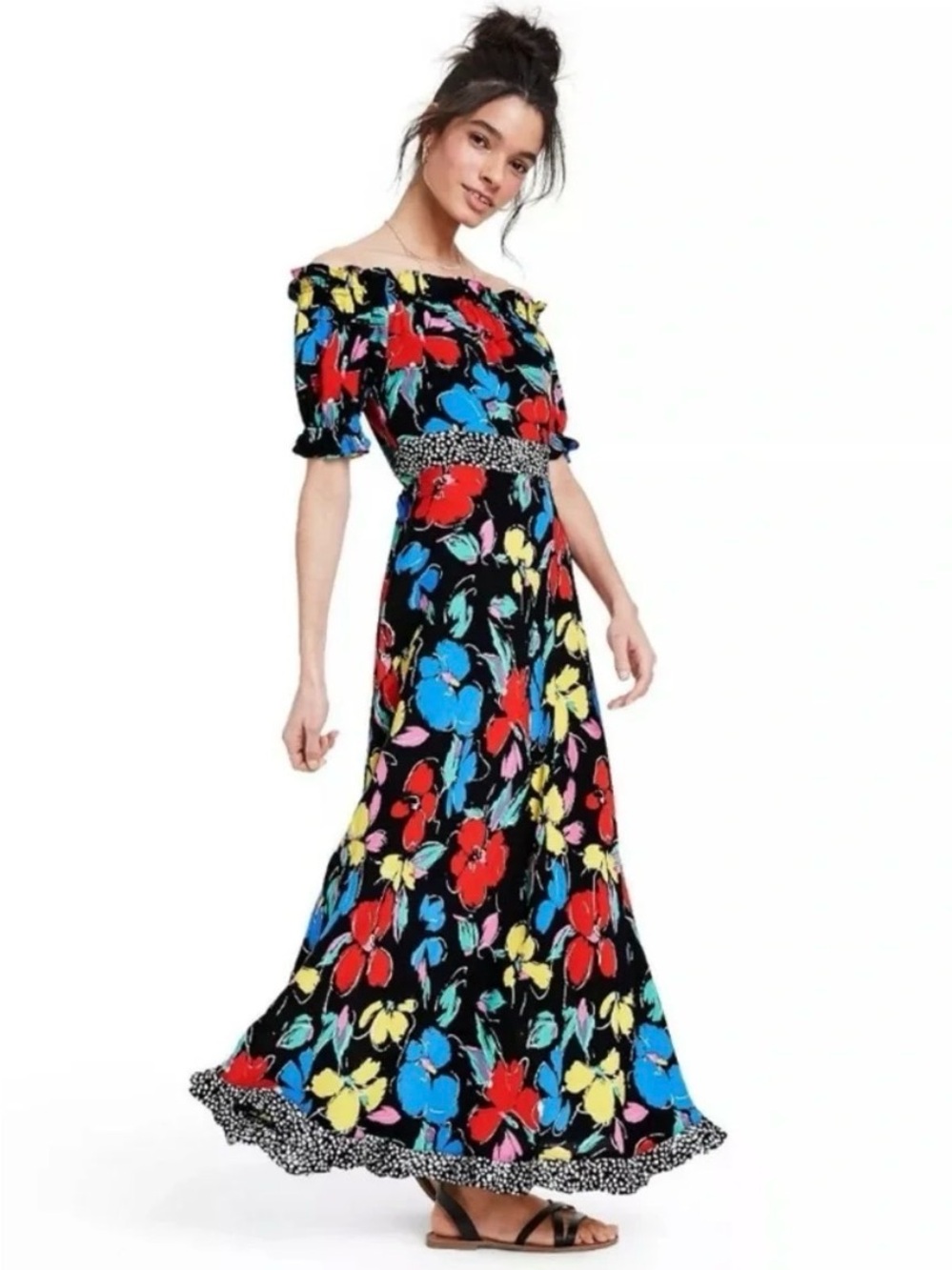 RIXO for Target Black Maxi Dress with Multicolor Floral Print Polka-Dot Waist
